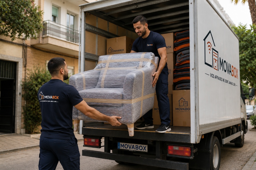 Équipe MovaBox qui effectue un déménagement depuis Marrakech