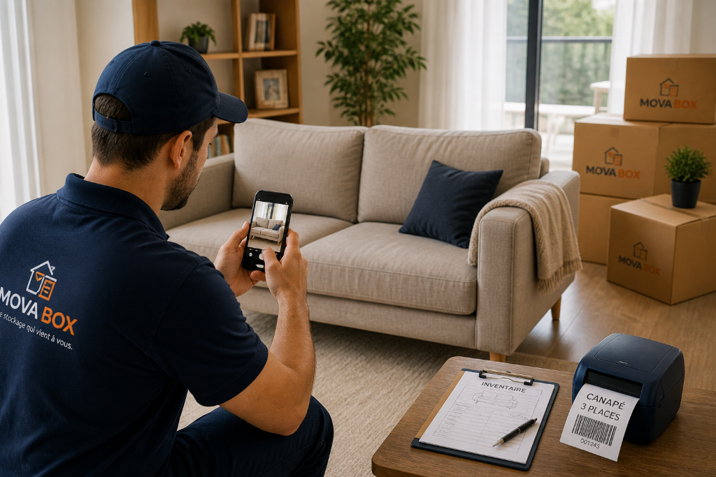 Agent MovaBox qui photographie un canapé chez le client