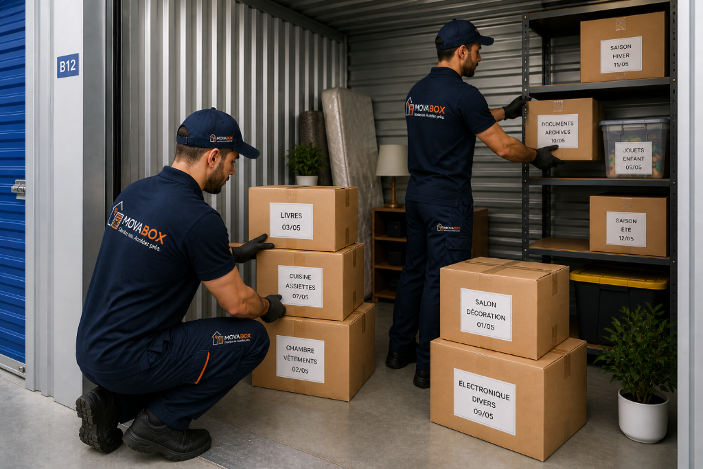 Agents MovaBox stockant des cartons étiquetés dans un entrepôt sécurisé