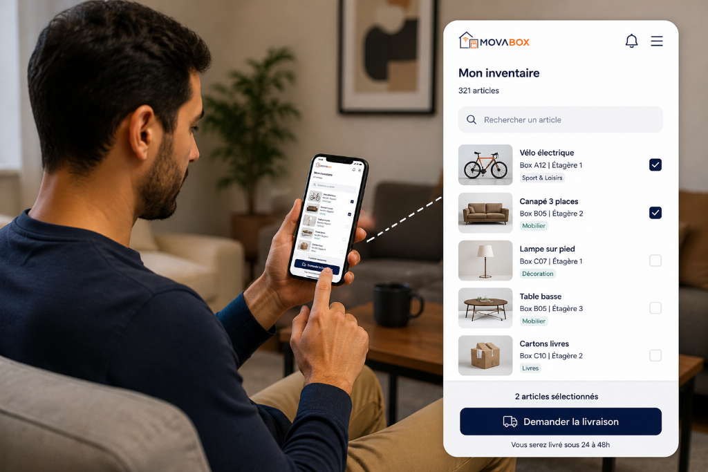 Client qui consulte son inventaire MovaBox sur l'application mobile