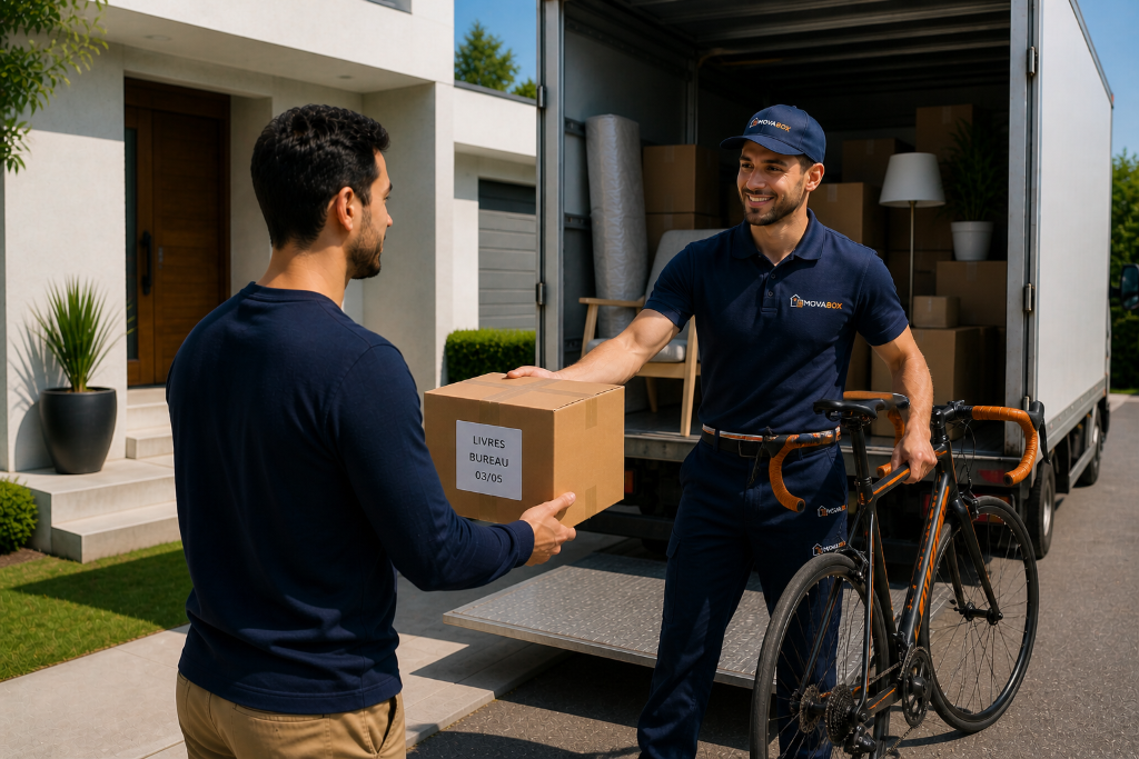 Livreur MovaBox qui remet un carton et un vélo à un client devant son domicile