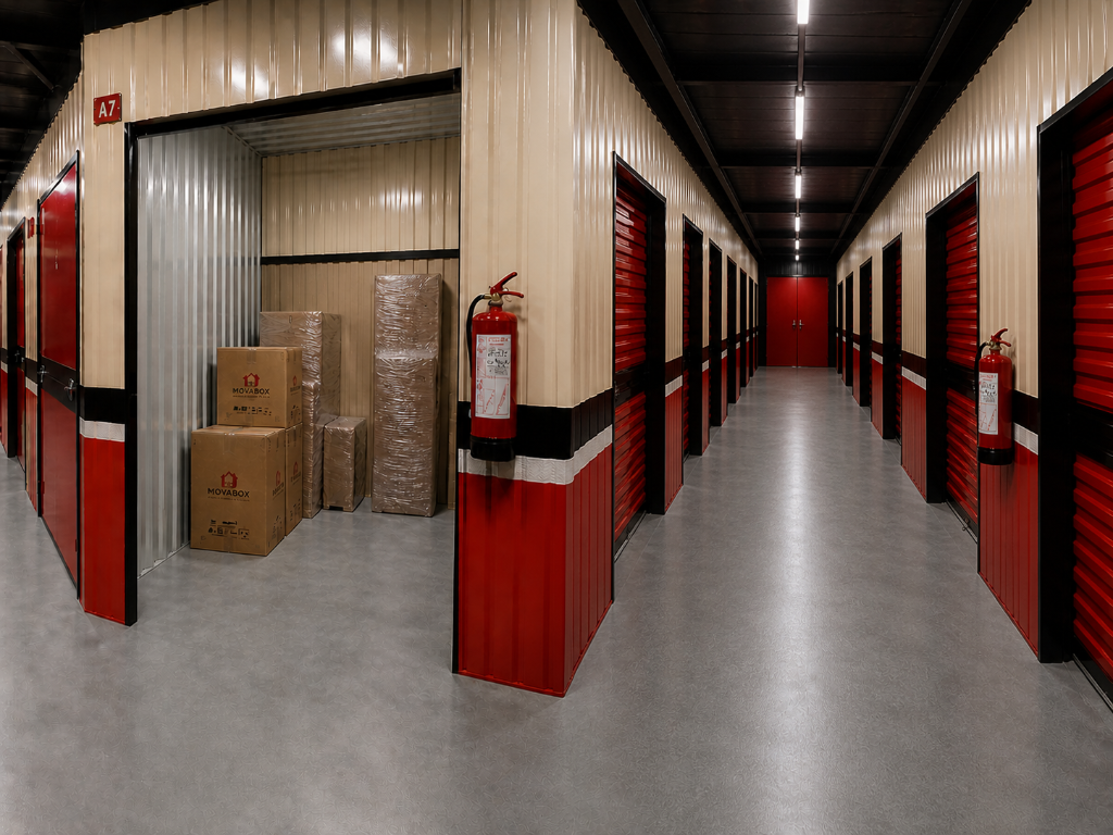 Couloir d'entrepôt MovaBox avec boxes sécurisées