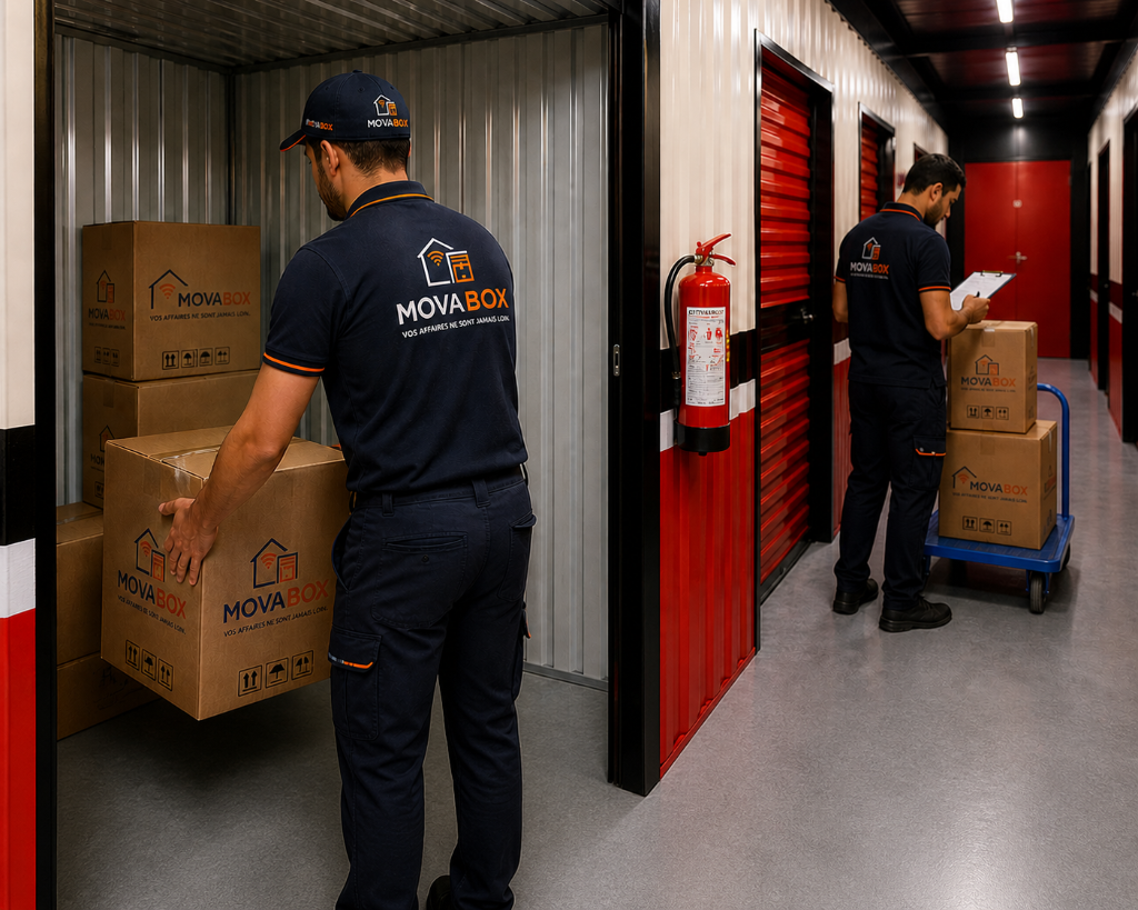 Agents MovaBox qui rangent des cartons en entrepôt